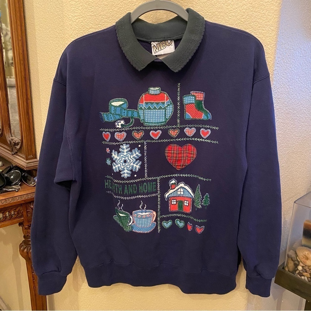 Vintage MBC Women Navy Collared Christmas Fun Graphic Sweatshirt Size Large